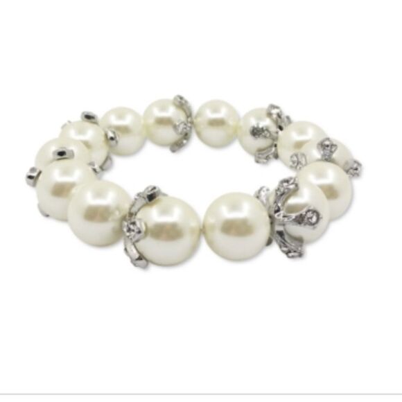 Charter Club Silver-Tone Pave & Imitation Pearl Stretch Bracelet - Picture 1 of 6